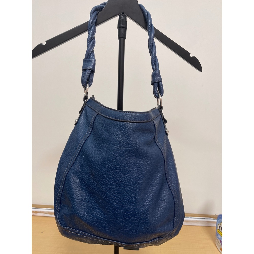 Ruma Navy Blue Pebbled Vegan Leather Hobo Bag Braided Strap Silver Hardware - Picture 4 of 7